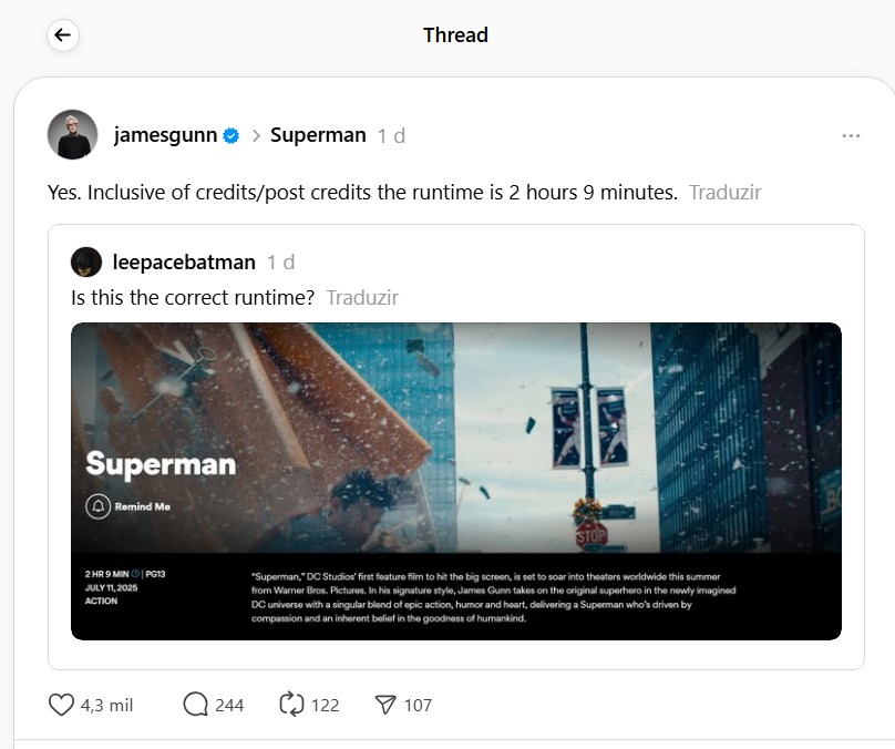 James Gunn confirma duração de Superman e cena pós-créditos
