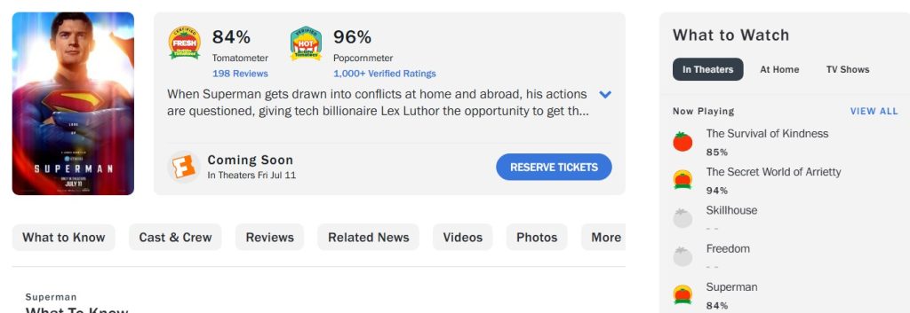 Superman nota do rotten tomatoes